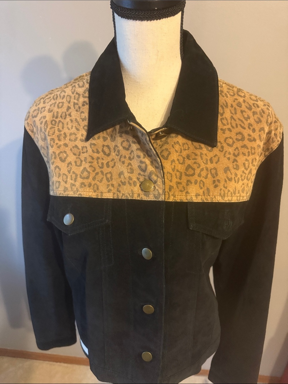 Vintage Margaret Godfrey Black Leather Jacket. Animal Print. Size XL.